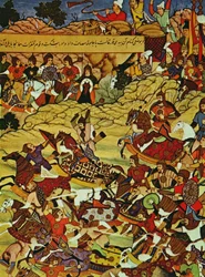 Genghis Khan in de strijd, voorafgegaan door Gebe, een van zijn generaals